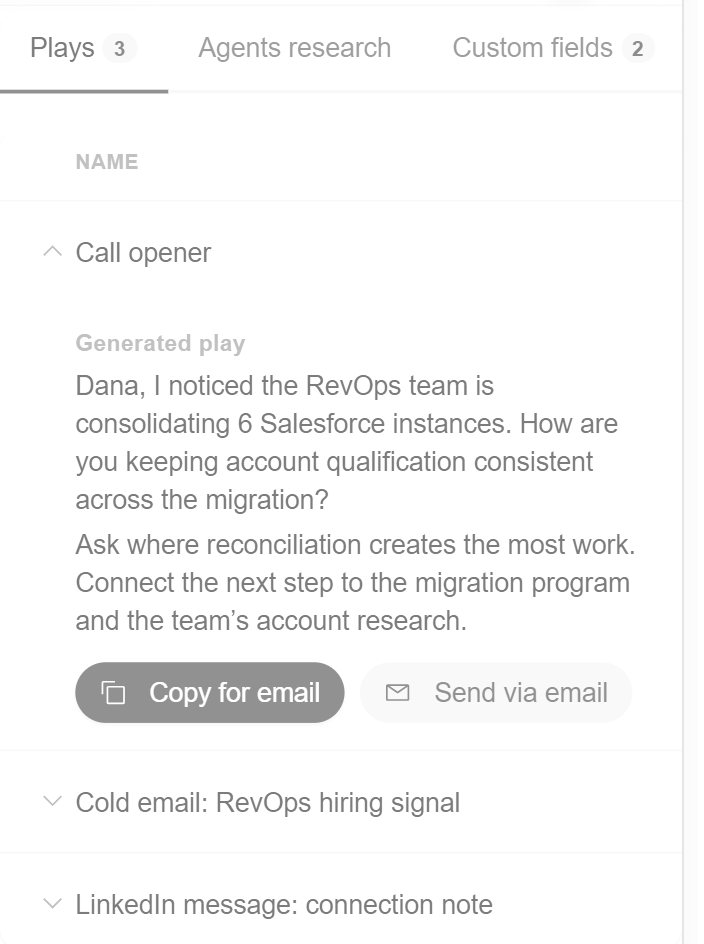 The Chrome extension beside a CRM record, with a call opener written for Dana