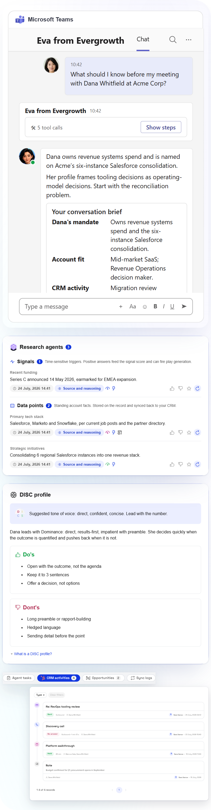 Eva prepares a meeting brief in Microsoft Teams, beside the HubSpot record summary