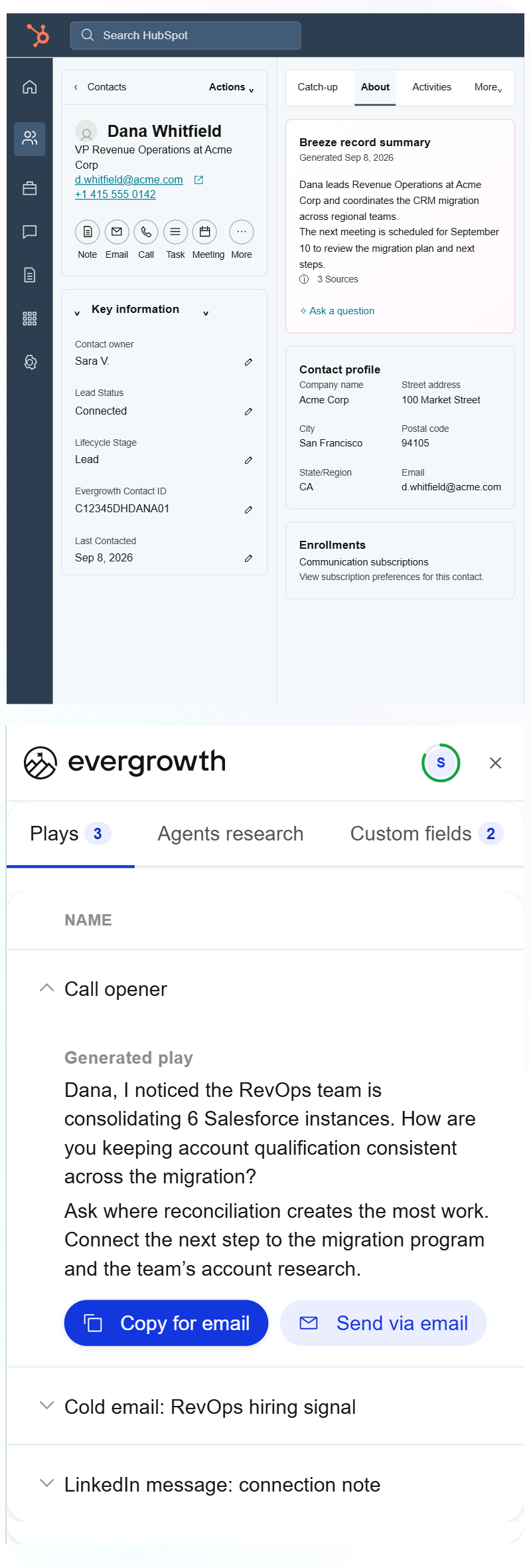 Eva gives a call opener in Slack, beside the stored call Play in the Chrome and Edge extension