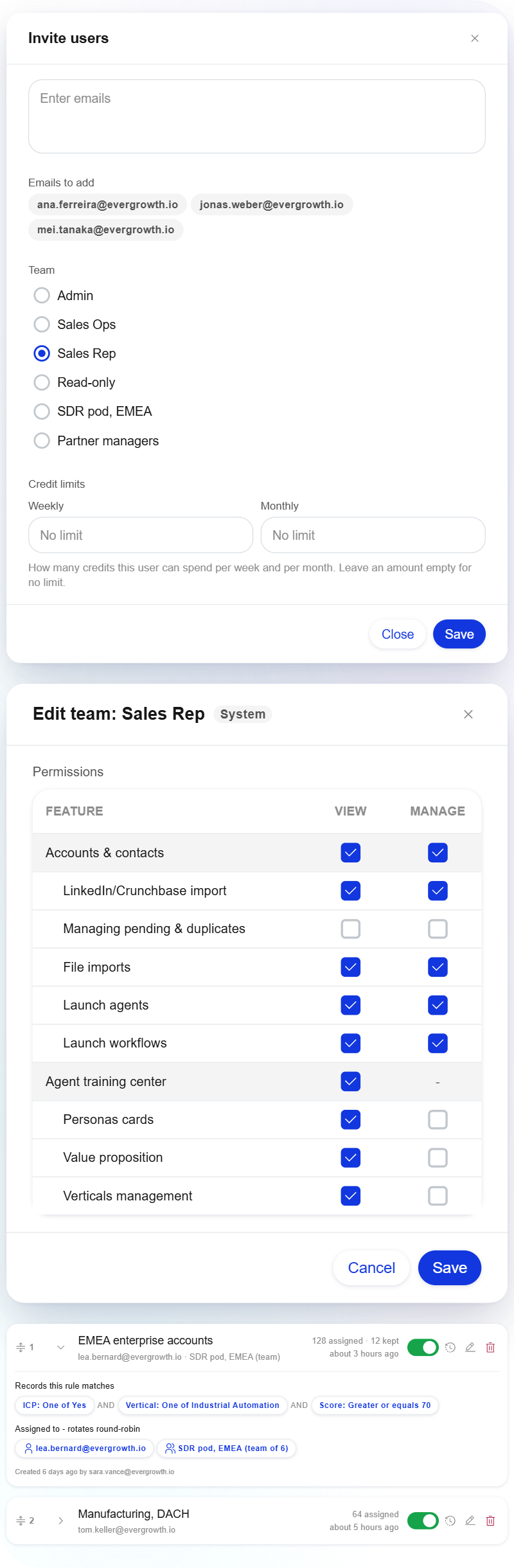 An admin invites 3 sellers and sets the Sales Rep team permissions, and 2 ownership rules assign matching accounts to a user and to a team round-robin