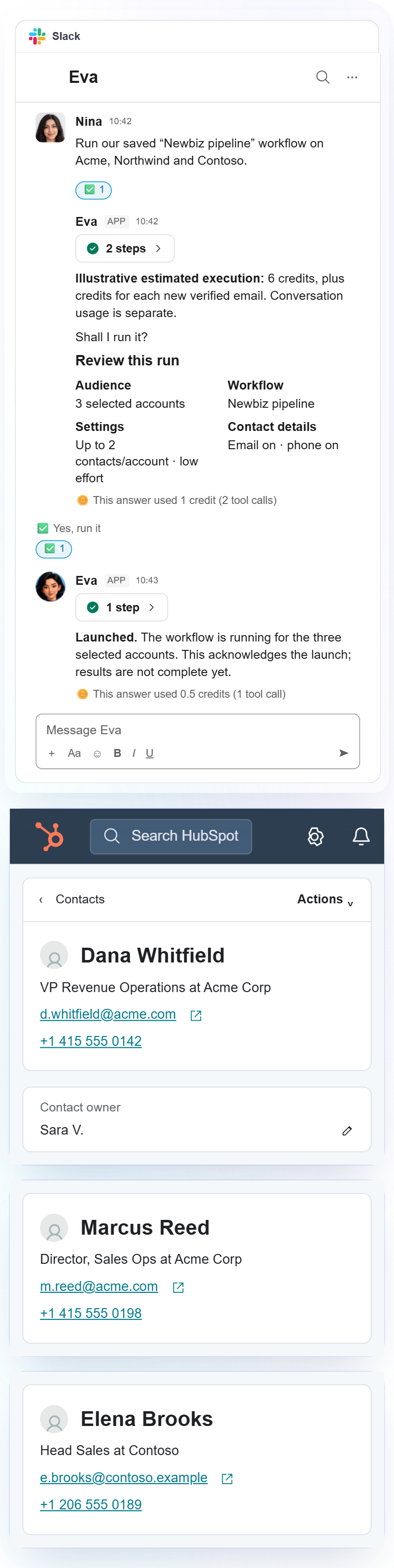 Eva launches the Newbiz workflow in Slack, and Dana Whitfield reaches her owner Sara V. in HubSpot