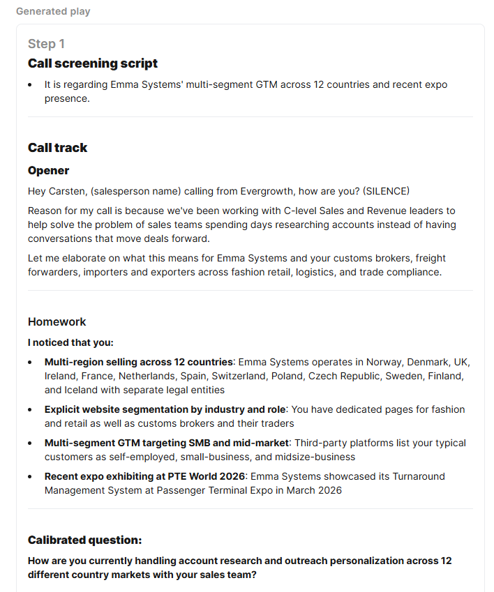 Generated cold call track from Play Copywriting: call screening script, three-beat call track with opener, homework bullets and a calibrated question