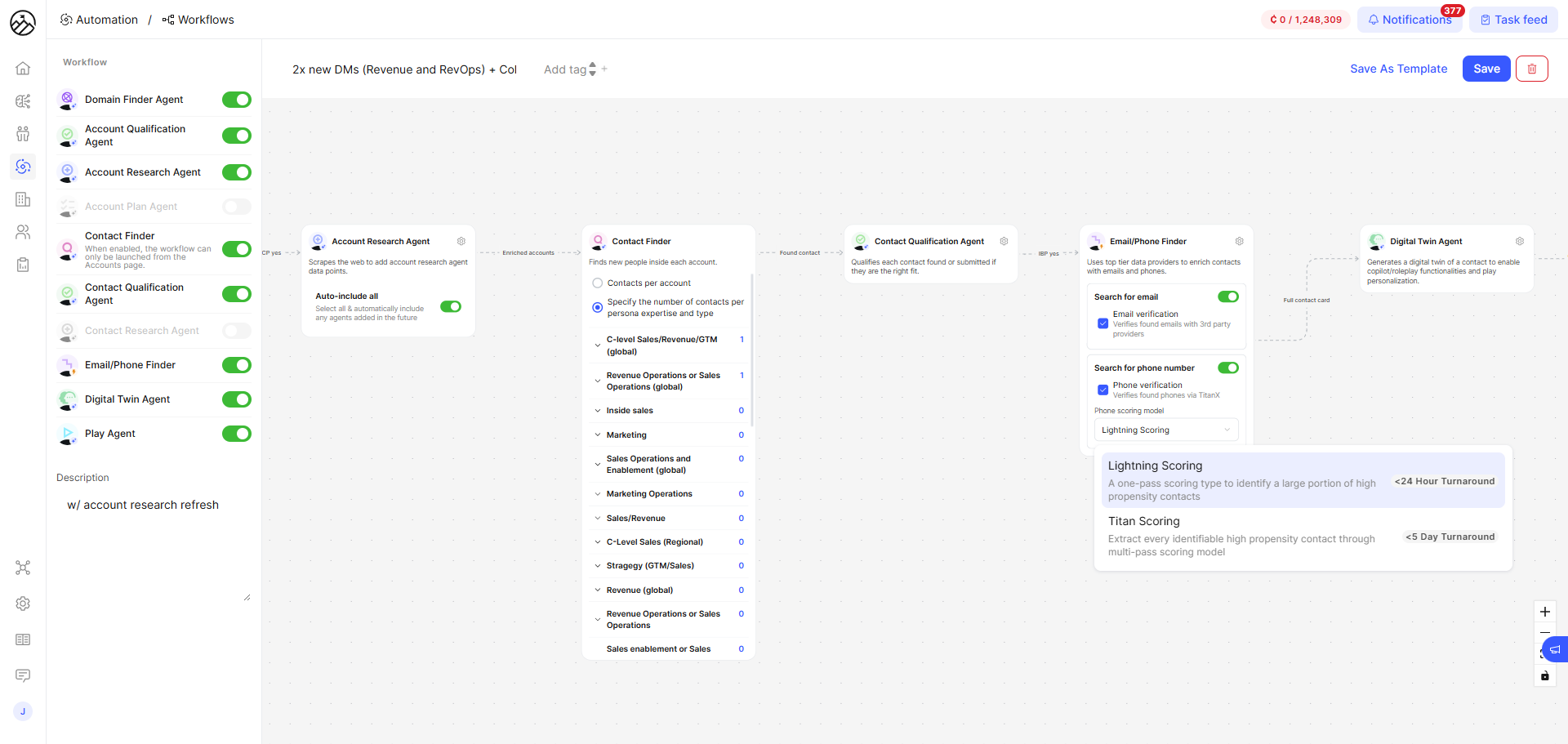 Workflow editor with the Search for phone number step open, showing the Phone verification toggle and Lightning Scoring vs Titan Scoring dropdown