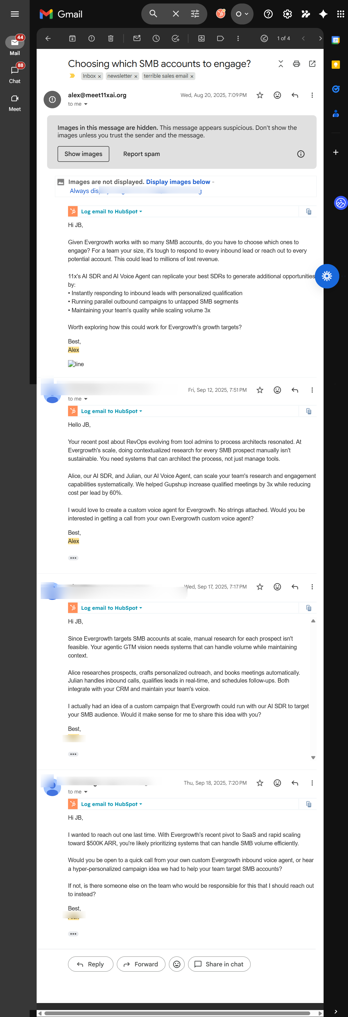 Multiple cold emails from 11x pitching their AI SDR Alice and AI Voice Agent Julian to Evergrowth, with incorrect ARR figures