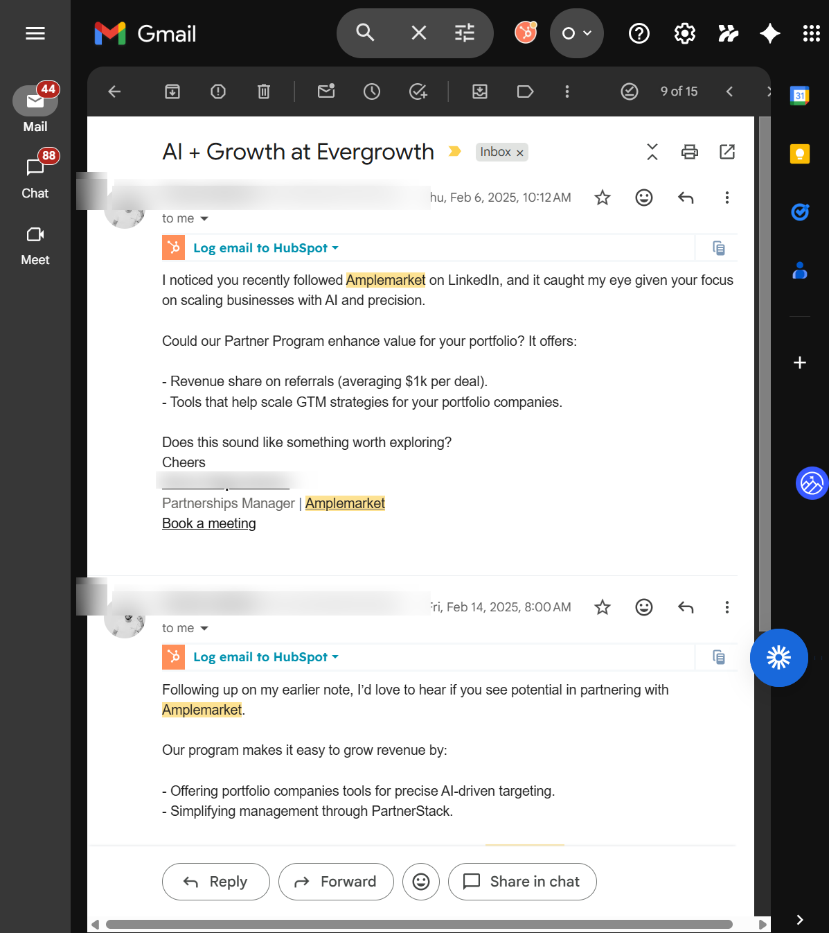 Two cold emails from Amplemarket pitching Evergrowth a partnership and revenue share on referrals, despite Evergrowth being a direct competitor