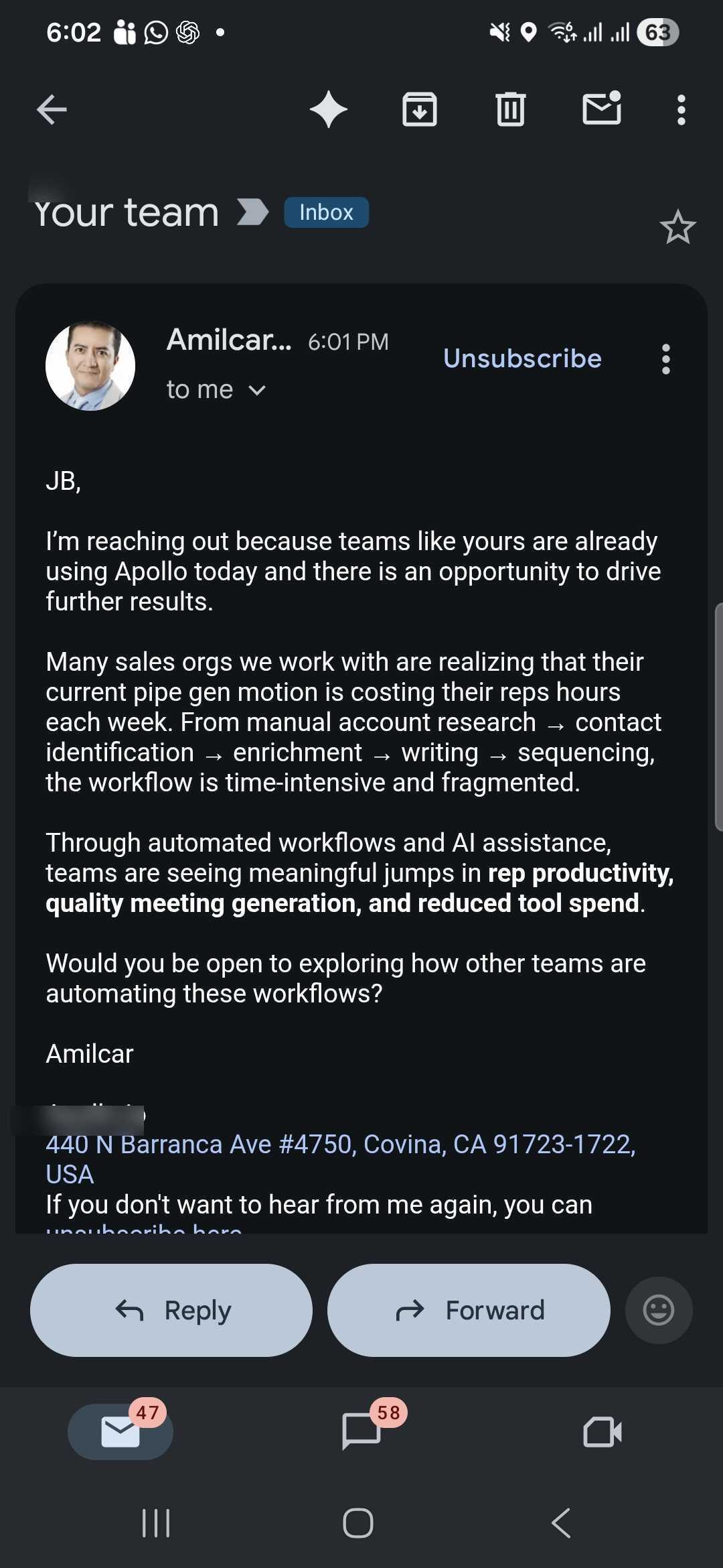 Cold email from Apollo opening with teams like yours are already using Apollo today to Evergrowth, which is not using Apollo