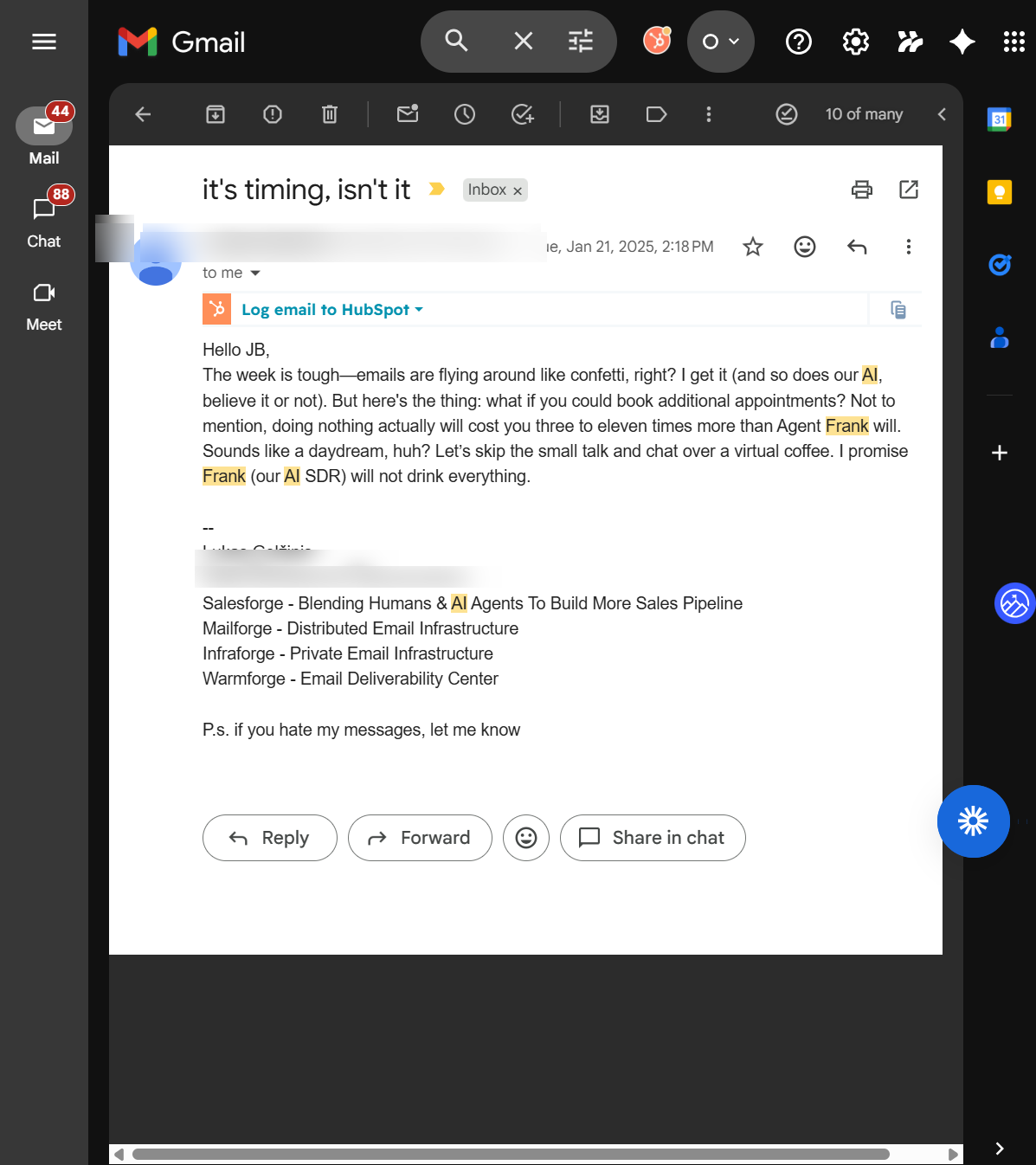Cold email from Salesforge pitching their AI SDR Frank, with email signature listing burner-domain infrastructure products Mailforge, Infraforge, and Warmforge
