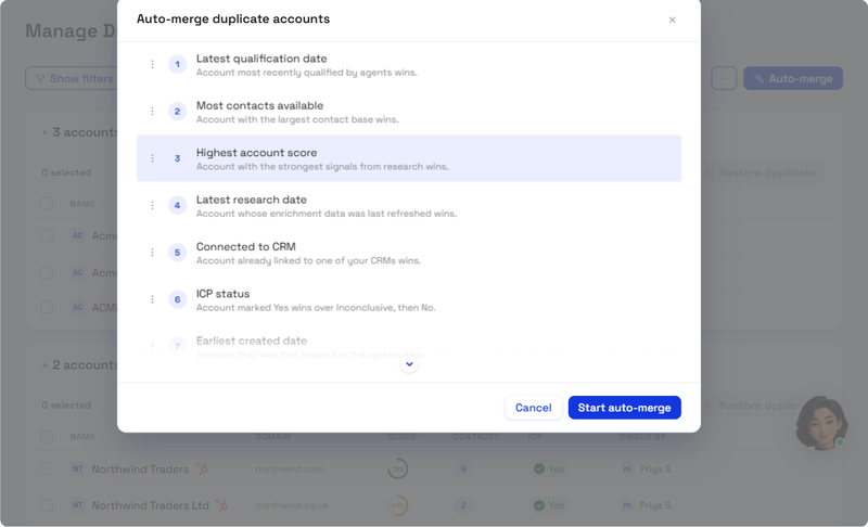 The Auto-merge dialog, set to merge only the duplicate groups that match your filters