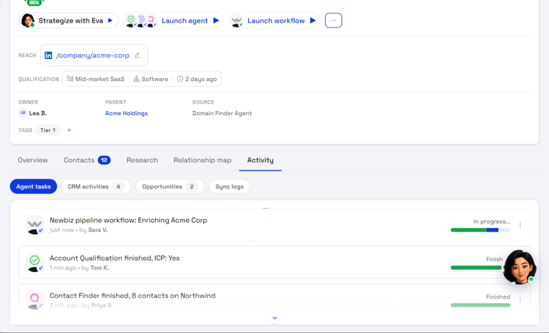 The Acme Corp record showing CRM activities, opportunities and sync logs from the connected CRM