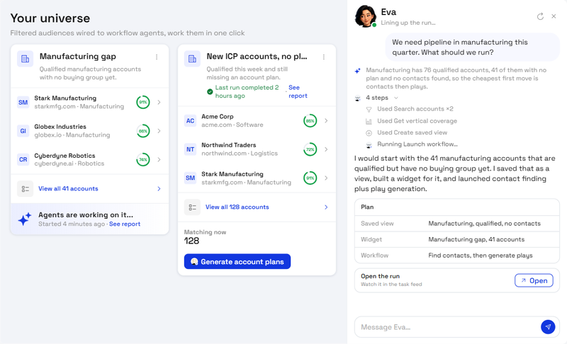 Eva planning a list, saving the view, building a widget and launching a workflow