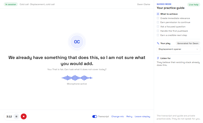 A voice roleplay of a cold call in session, with the practice guide beside it