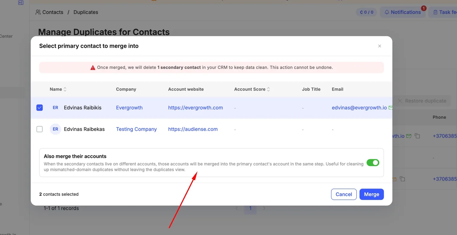 Contact merge dialog with the Also merge their accounts toggle switched on, alongside the new Account website column on the contact duplicates view