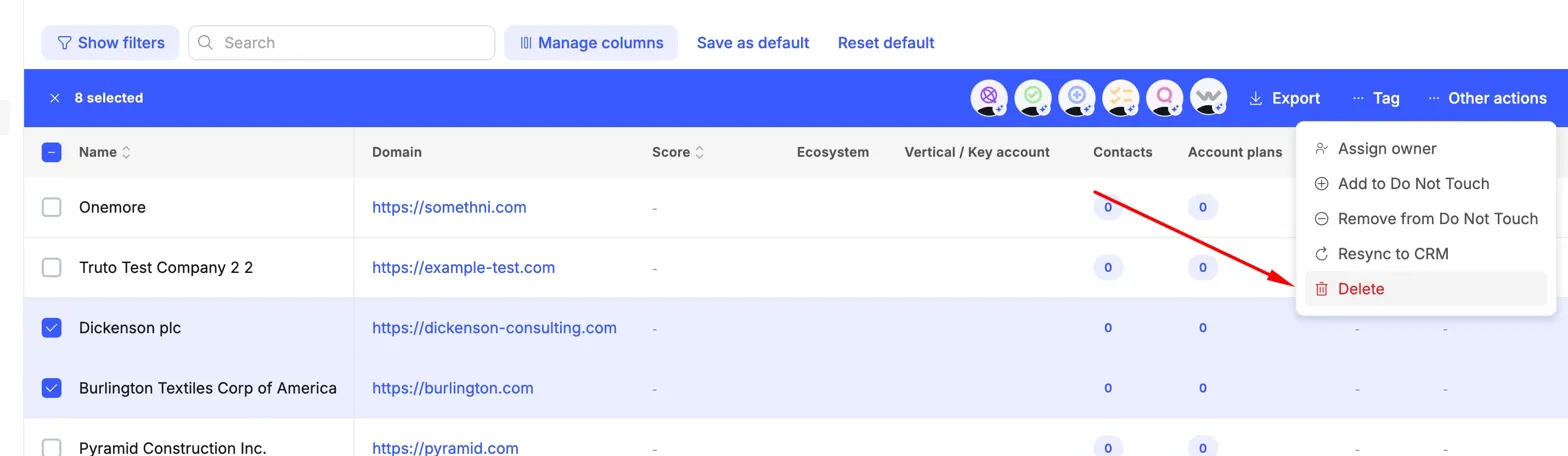 Bulk delete: 8 selected records with the Other actions menu open and Delete highlighted