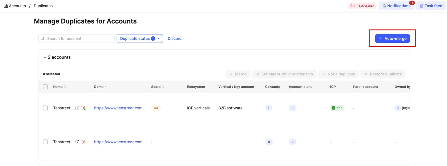 Auto-merge button on the Manage Duplicates page, ready to merge every active duplicate group in one click