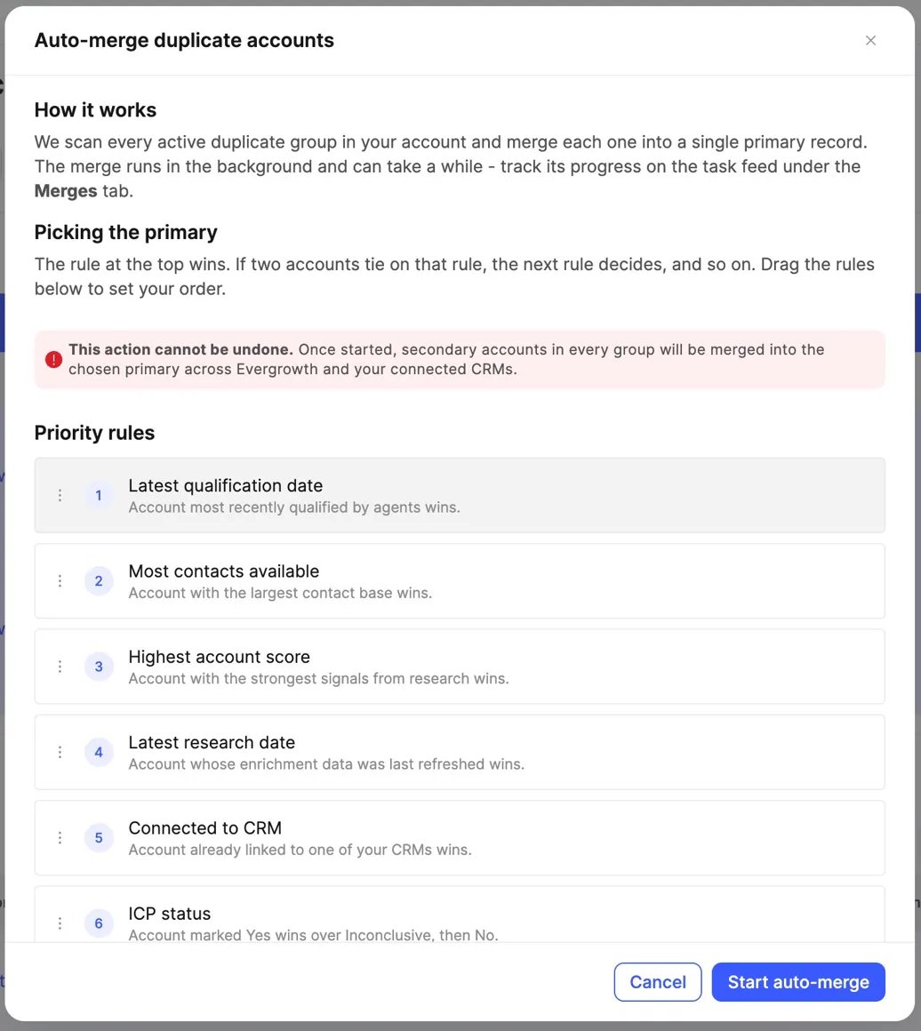 Auto-merge priority rules modal with drag-and-drop ordered rule list, showing the six default rules used to pick the primary record
