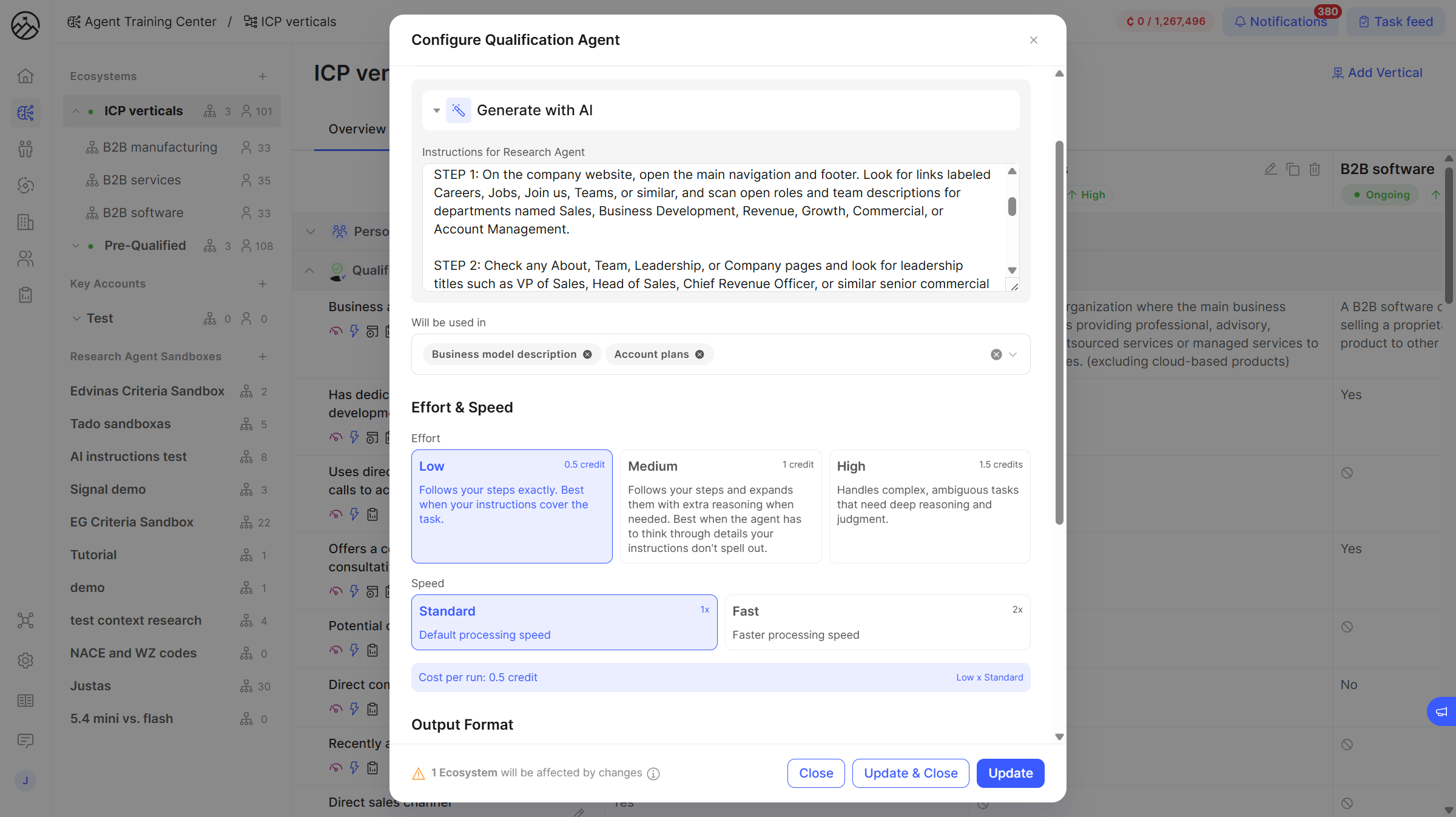 Agent Training Center edit modal showing the new Effort (Low, Medium, High) and Speed (Standard, Fast) controls with the live credit calculator