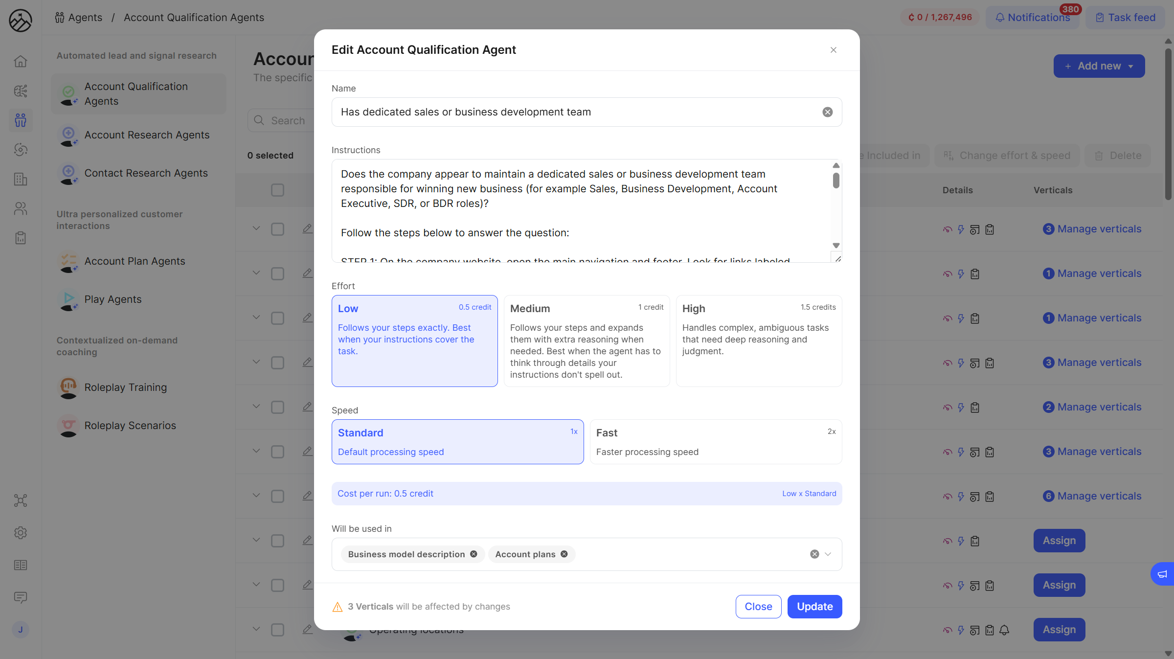 Agents tab inside a workspace showing the Effort and Speed controls next to each agent